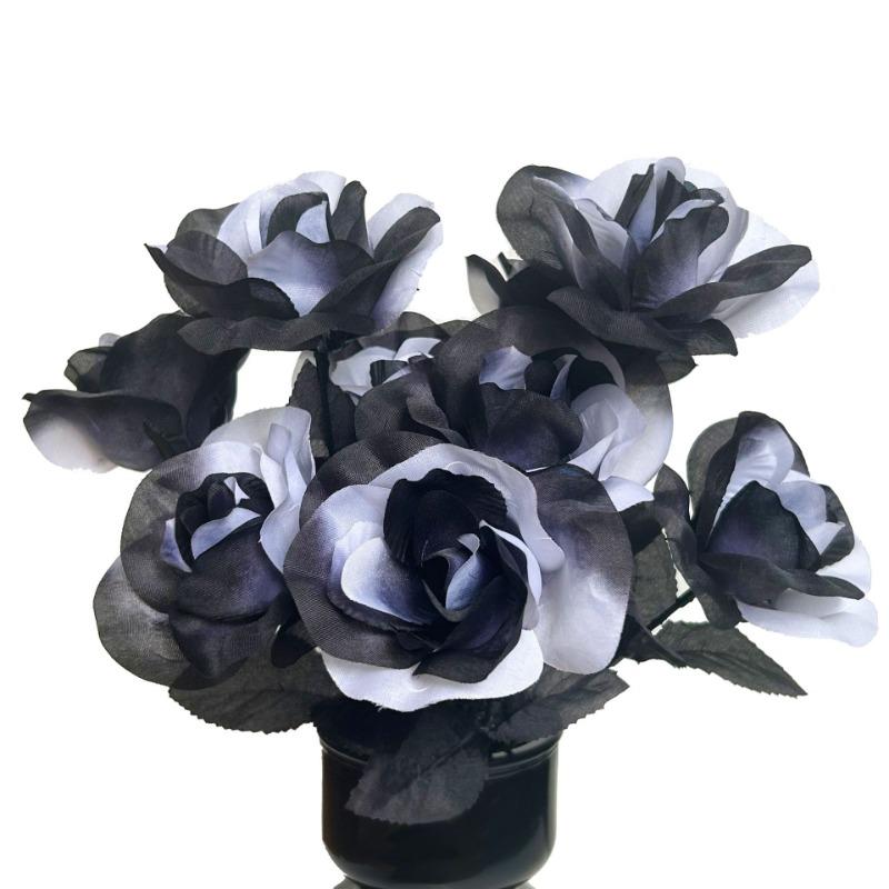 Gothic-style Black White Rose Artificial Flowers Halloween Party Home Decoration Fake Floral Advertising Photo Background Props