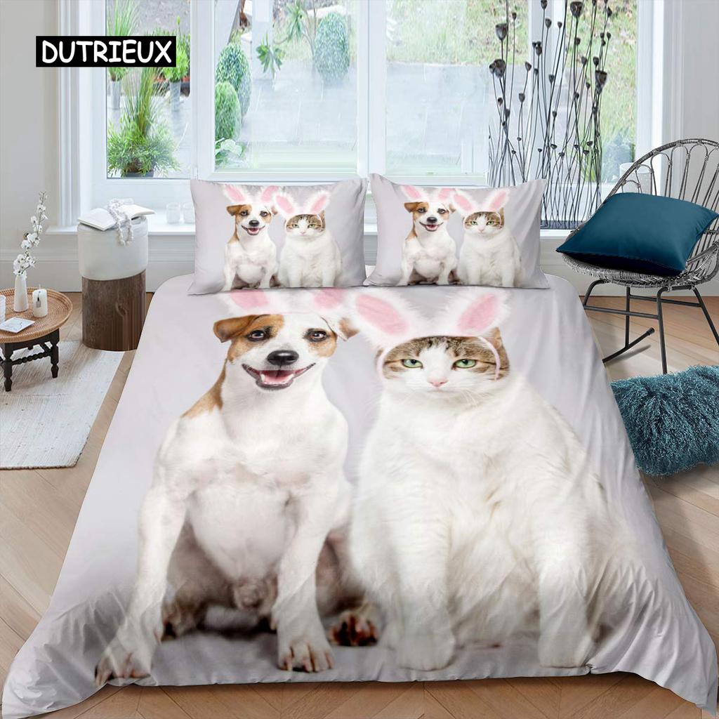 White Cat Flower King Queen Duvet Cover Kitten Bedding Set Pet Animal Polyester Quilt Cover Girls Pink Floral Comforter Cover