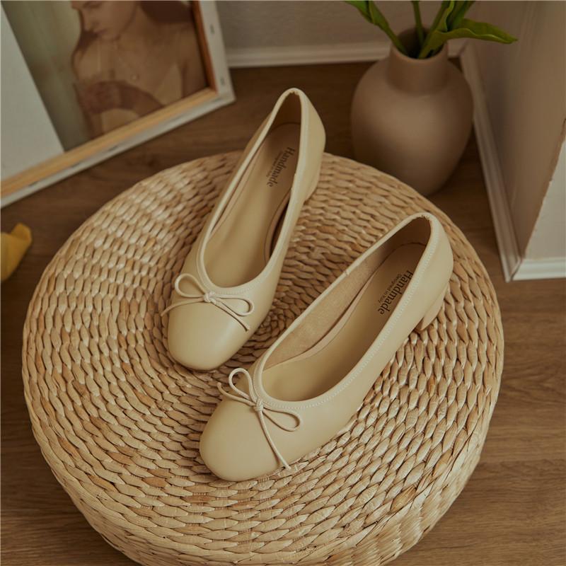 Fashion 2025 Genuine Leather Women Shoes Fashion Butterfly-knot Spring and Autumn Pumps Slip-On Casual Shoes Chunky Heel Size 34-40