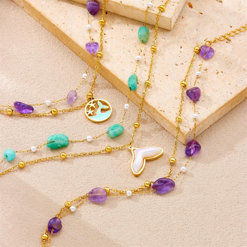 Gold Double Layer Anklet with Amazonite Mermaid Tail Pendant, Dainty Pearl Beaded Ankle Bracelet, Summer Beach Jewelry for Women