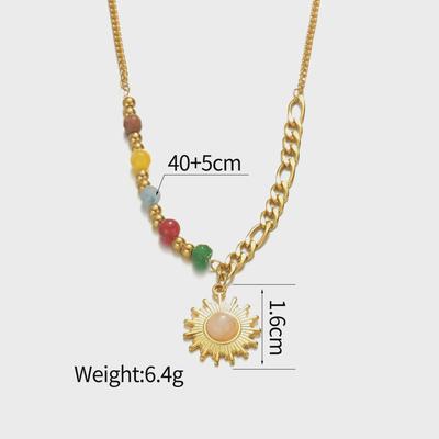 Collana in Acciaio Inossidabile Placcato Oro 18K con Pietra Naturale Occhio di Gatto e Ciondolo Retro Francese