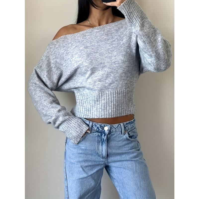 Women Loose Off Shoulder Long Sleeve Knit Cropped Sweater