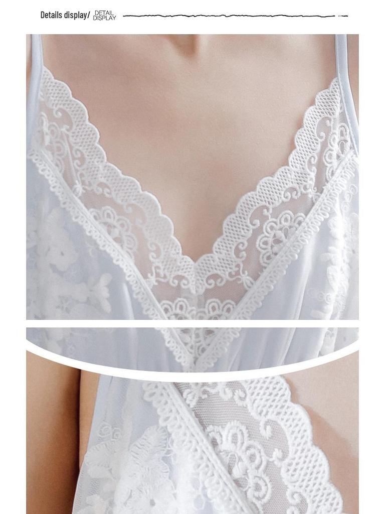 Cotton Lace Princess Camisole Nightgown - Women's Summer Long Dress with Embroidery and Chest Pad, Wearable Outside