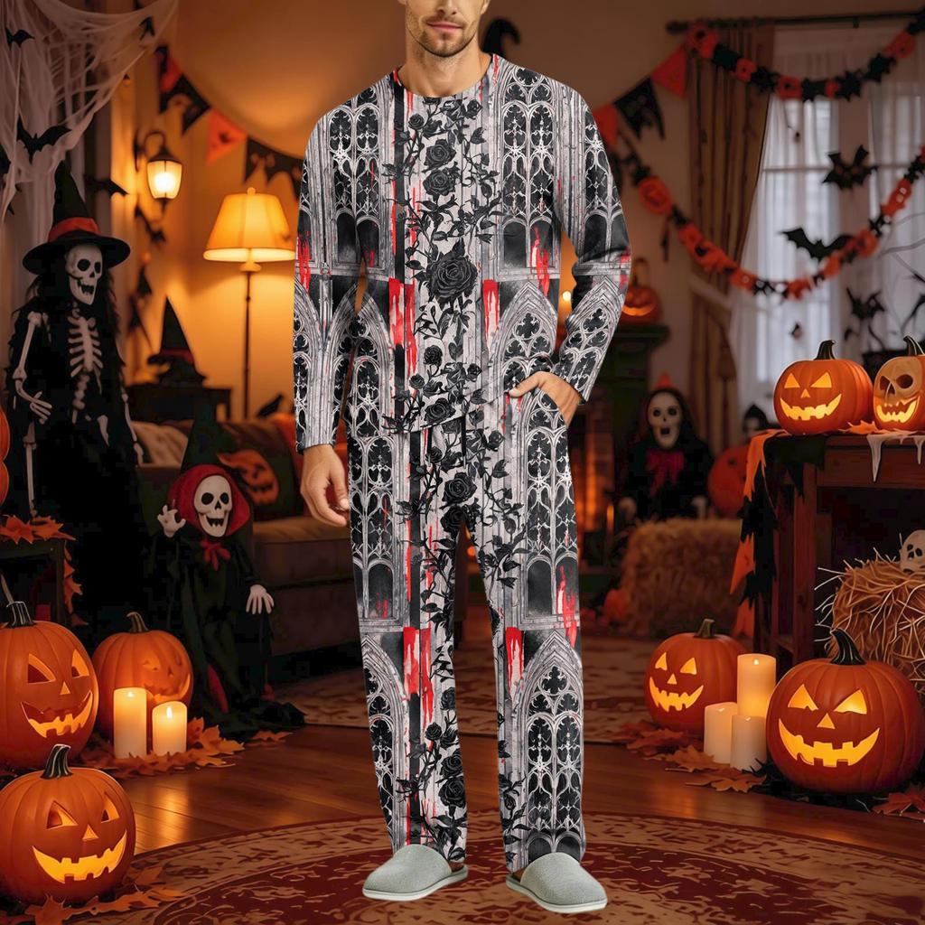 Men's Halloween Pajama Set Long Sleeve Long Pants with Crotch Buttons and Elastic Drawstring Waist