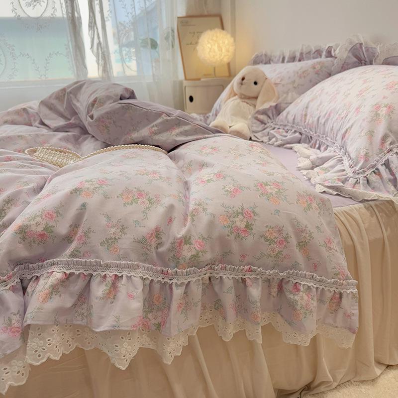 

2025 Korean Style 100% Cotton Lace Bedding Set - Fitted Sheet, Bed Skirt, Three Pieces 1.2m Flat Sheet Set - 3 Pieces