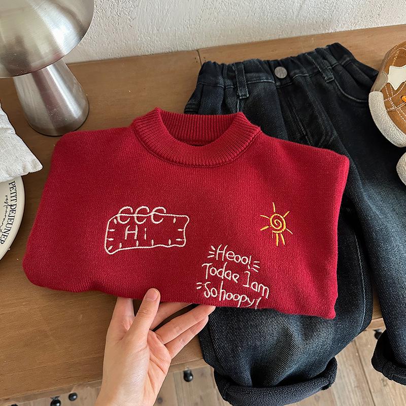 Boys' Winter Red Cartoon Car Pullover Sweater - 2025 New Style New Year Outfit