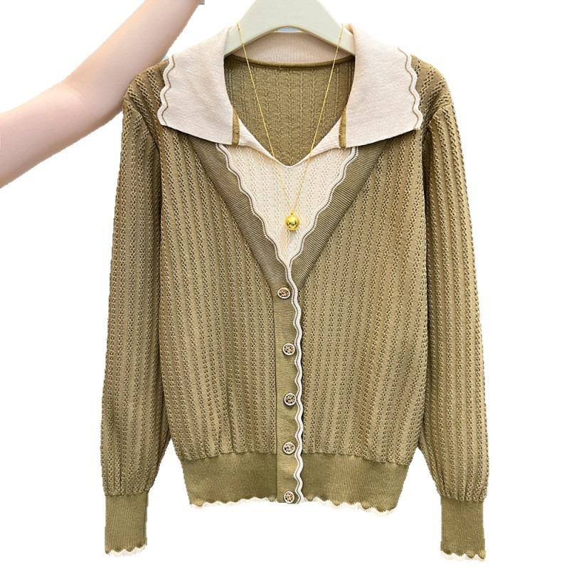 New autumn and winter two-piece color-matching lapel women's knitted top