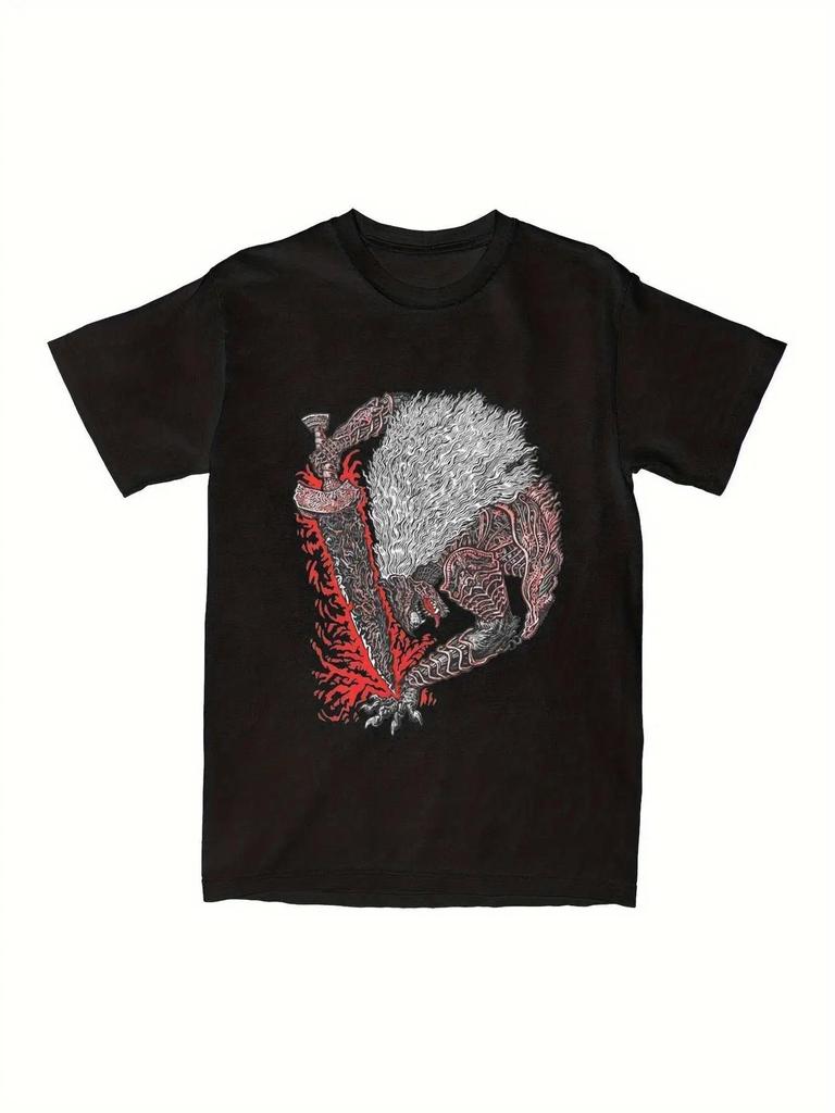 Men's S XXL Size Maliketh Eldening Ringing Graphic T Shirt Black with Red Mythical Creature Design, Y2K Style, Short Sleeve, Round Neck, All Season Co
