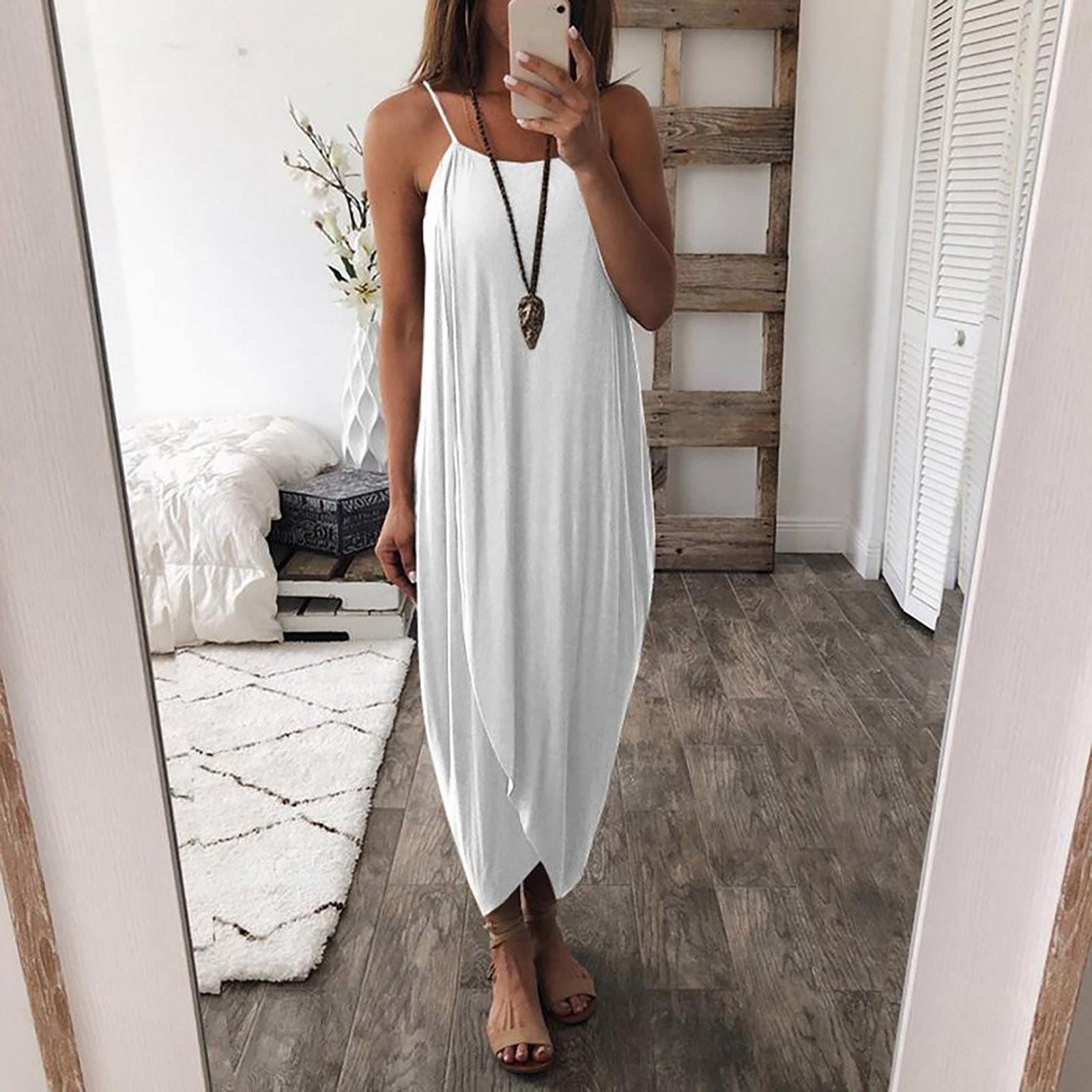 

Women s Summer Loose Casual Irregular Color Sling Hip Long Dress XL белый