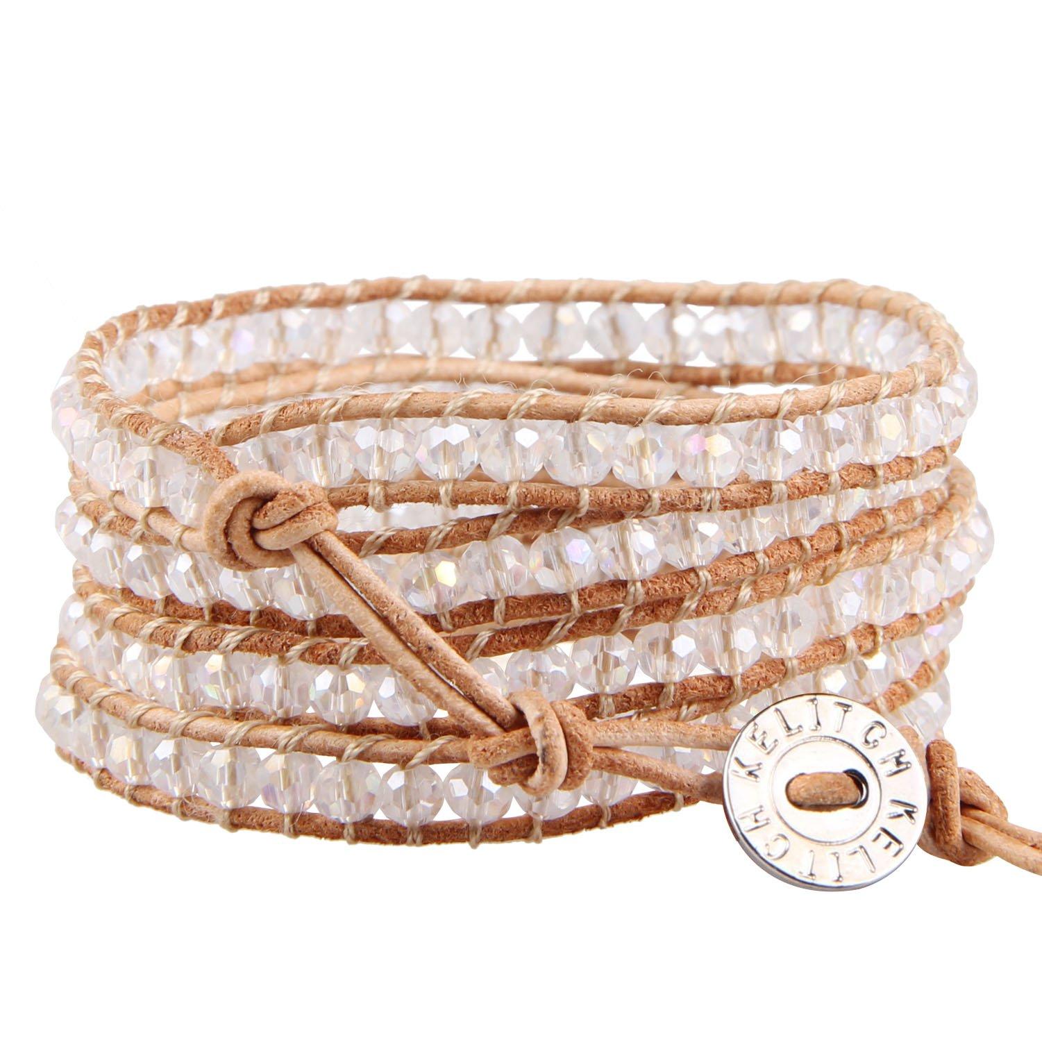 [KELITCH] Clear Crystal Bead Leather 5-Wrap Bracelet Handmade Stackable Jewelry (Khaki)