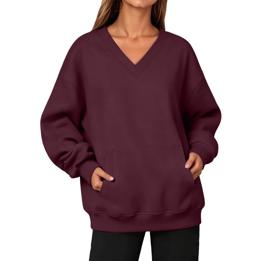 Damen V-Ausschnitt Langarm Pullover Sweatshirt mit Tasche für Herbst und Winter