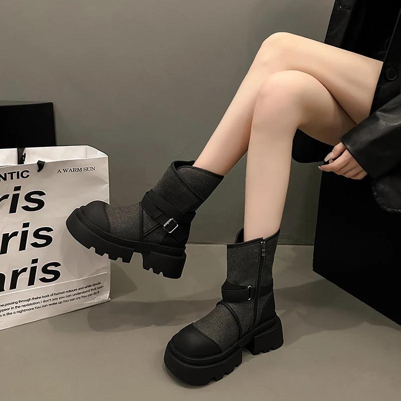 Fashion High-end design sense fashion niche denim skinny boots women 2024 new mid-tube round head thick sole casual ankle boots