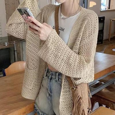 Women's Knit Cardigan, Hollow Sun Protection, European Style Open-Front, Spring Pocket Cover-Up, Loose Fit, Lazy Summer Jacket