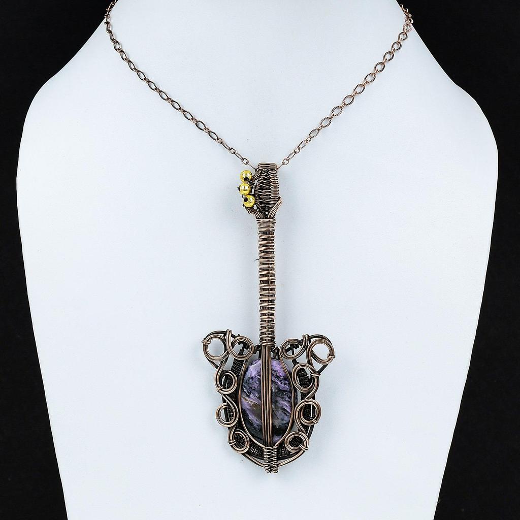 Charoite Pendant Copper Wire Wrapped Pendant Gemstone Pendant Handmade Guitar Pendant Wire Wrapping Jewelry Pendant For Gift Copper Jewelry
