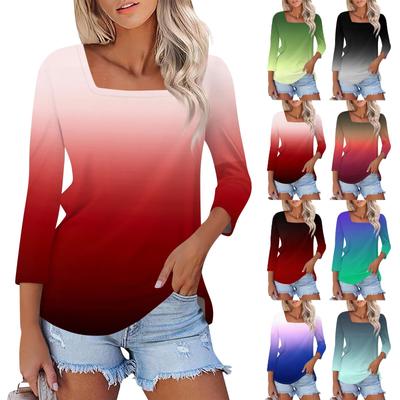 Shirt For Women's Fashion Casual Square Neck 3/4 Sleeve Loose Printed T-Shirt Ladies Top