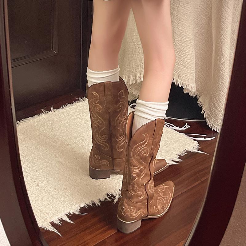 Autumn Winter Vintage Women Western Cowboy Boots Slip On Thick Heel Shoes Fashion Embroidery Knight Long Botas