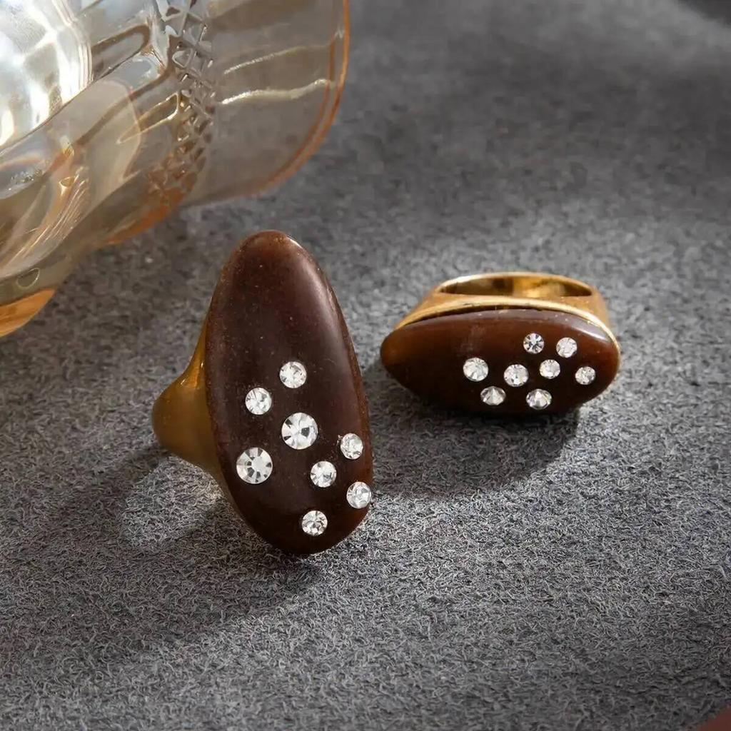 SHIXIN 2Pcs/Set Vintage Brown Resin Open Ring Simple Punk Inlay Rhinestone Daily Fashion Elegant Couple Jewelry Accessories Gift