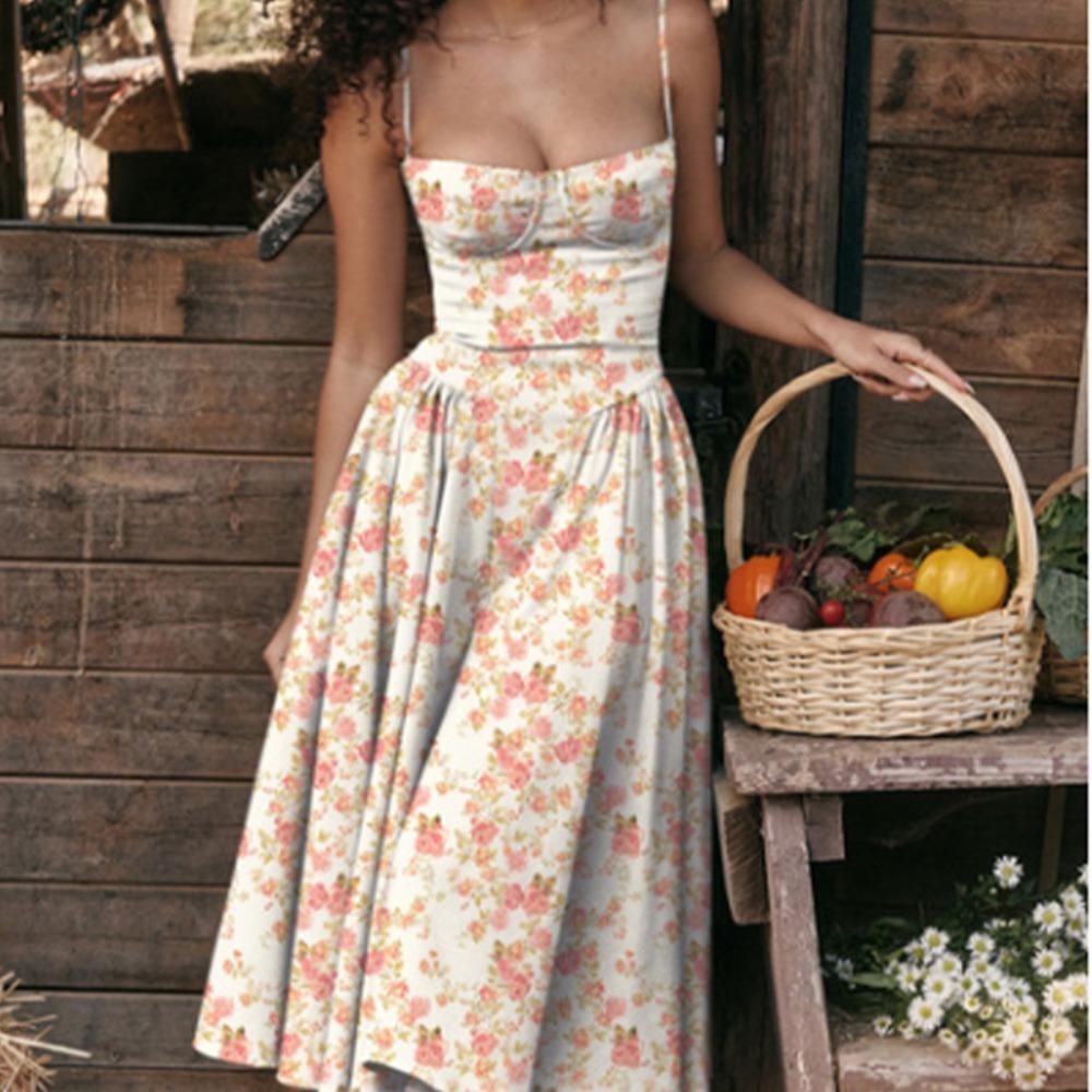 Women's Spaghetti Strap Midi Dress Solid Bustier High Waist Flared Swing Mid-Calf Sundress