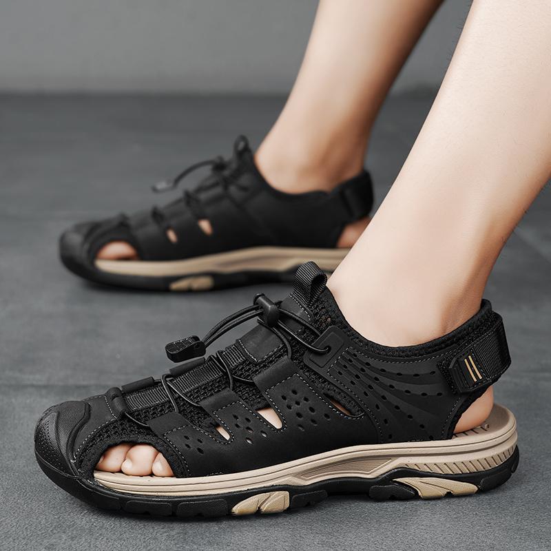 Summer Men's Genuine Leather Sandals Breathable Casual Beach Shoes Lightweight Mesh Roman Slippers Non-Slip Outdoor Design