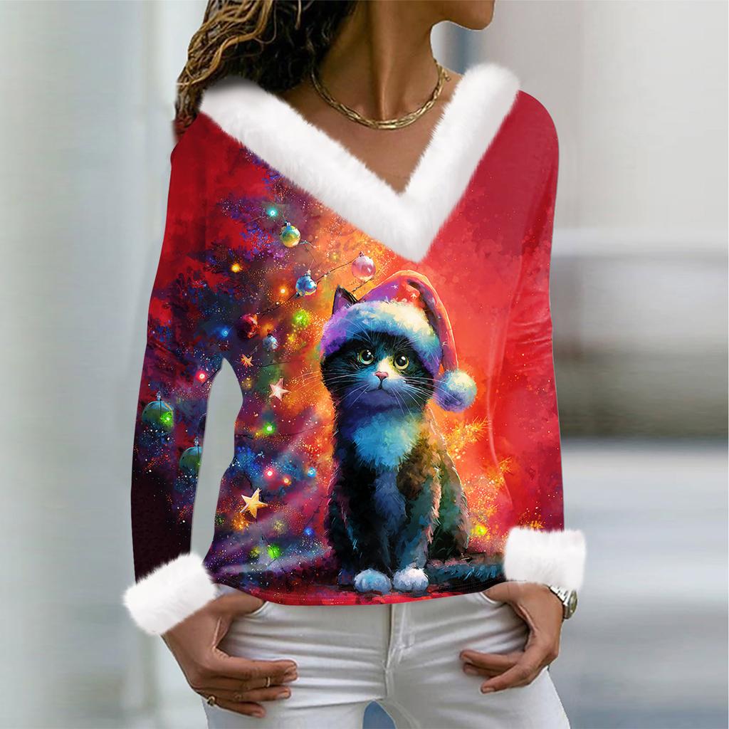 Women's T Shirt Tee Christmas Shirt Long Sleeve Party Christmas Print Fleece Collar V Neck Top