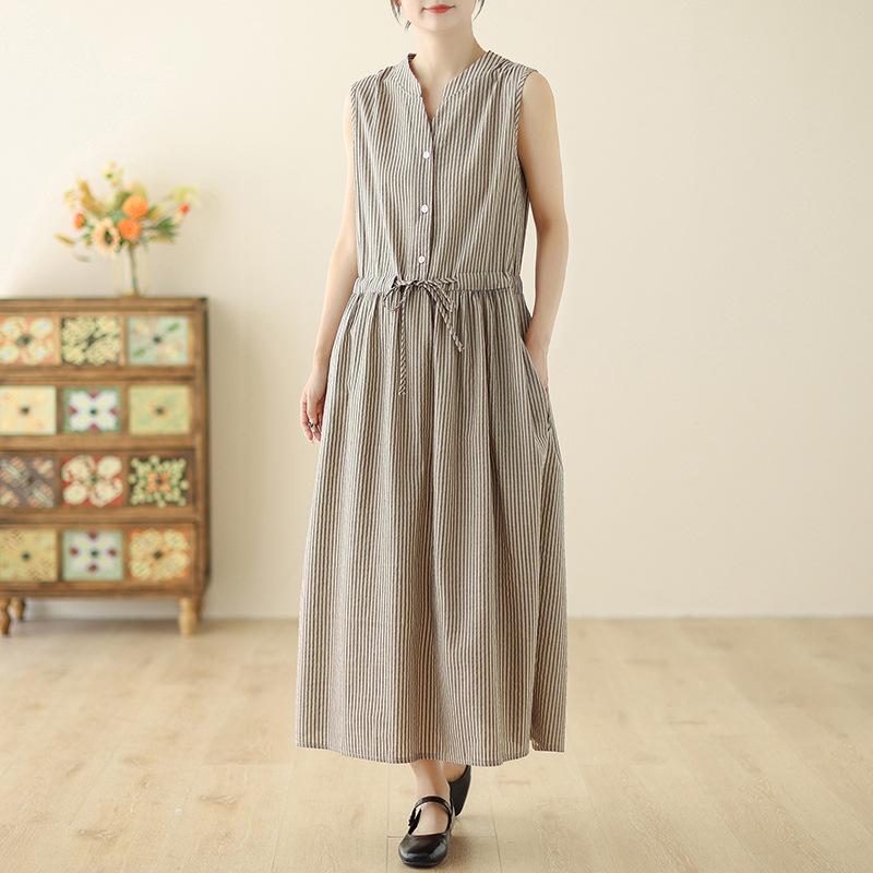 Summer New Cotton and Linen Literary Loose Striped V-neck Sleeveless Vest Dress Women M
