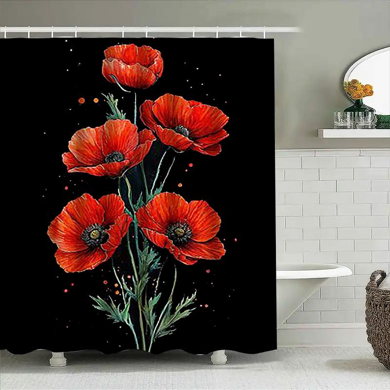 

Red Poppies on Black Background Waterproof Shower Curtain Heat Resistant Machine Washable Non-Transparent 180x180cm 90X180cm(35x70in)