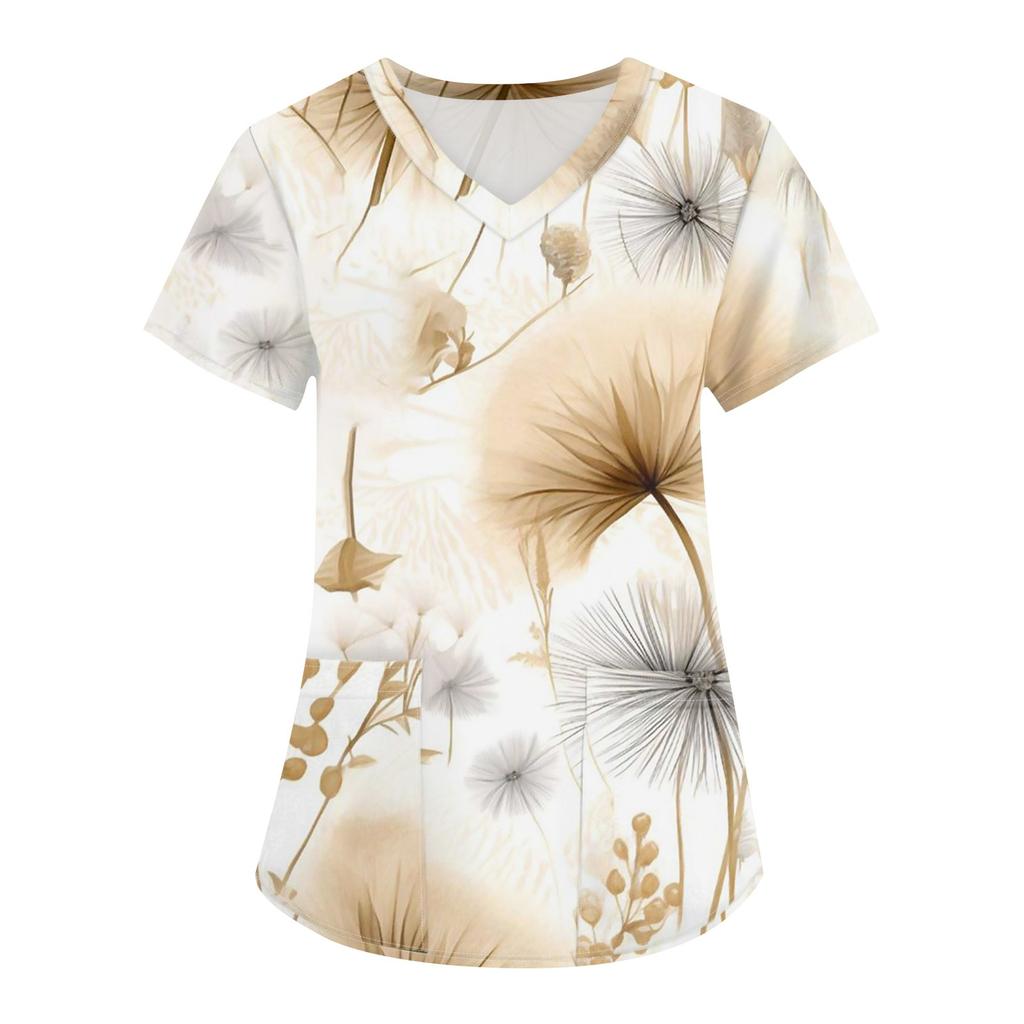 T-shirt de travail à manches courtes et col en V pour femme avec imprimé tendance et petite poche