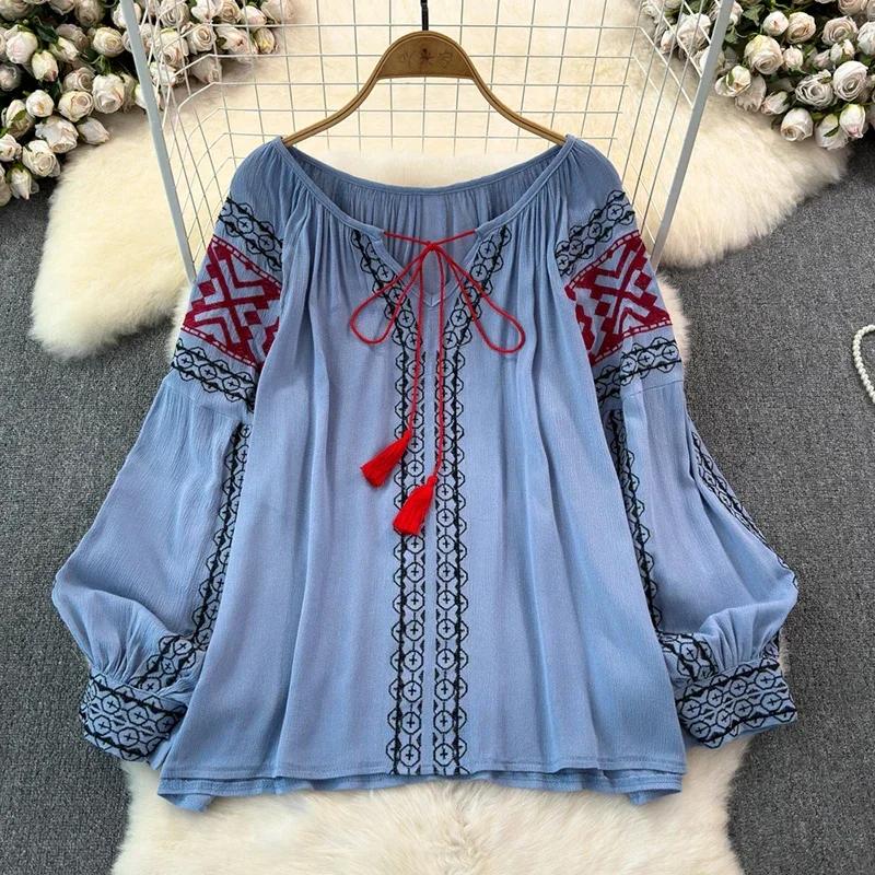 Retro Embroidered Shirt Top Female 2025 Spring Lace Up Tassel Loose Lantern Sleeves Ethnic Style Blouse Female