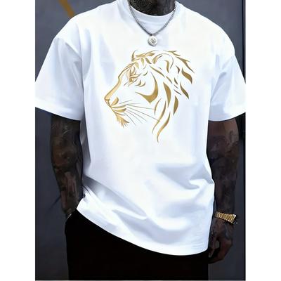 European Sizes Men's T-Shirt White Gold Tiger Head Graphic Print Soft Short Sleeve Top for Daily Wear