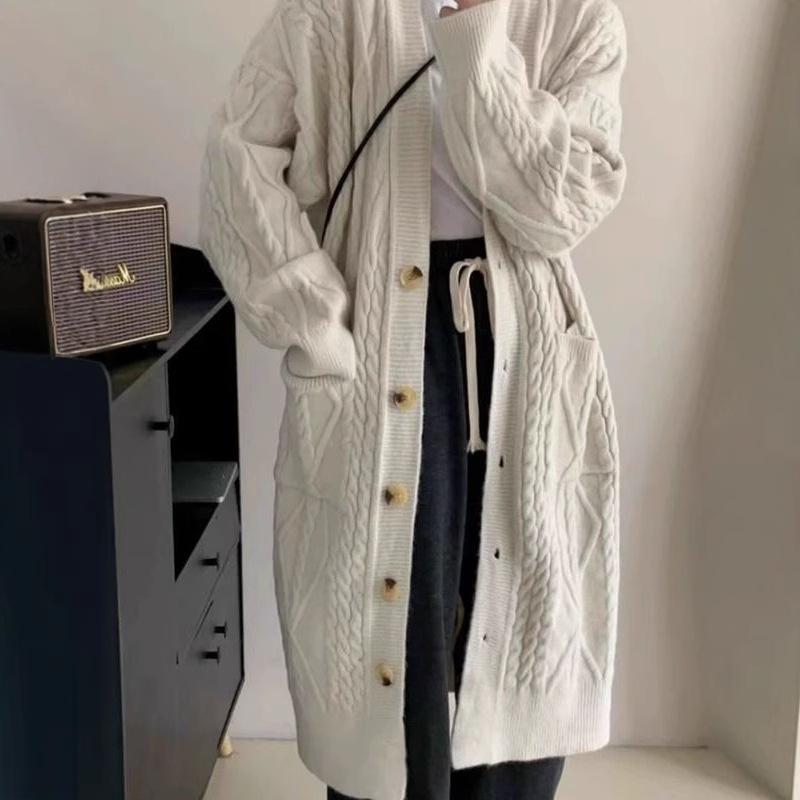 Medium and Long Over-knee Lazy Wind Cardigan Knitted Sweater Autumn Twist New Pocket Knitted Sweater Outer Coat