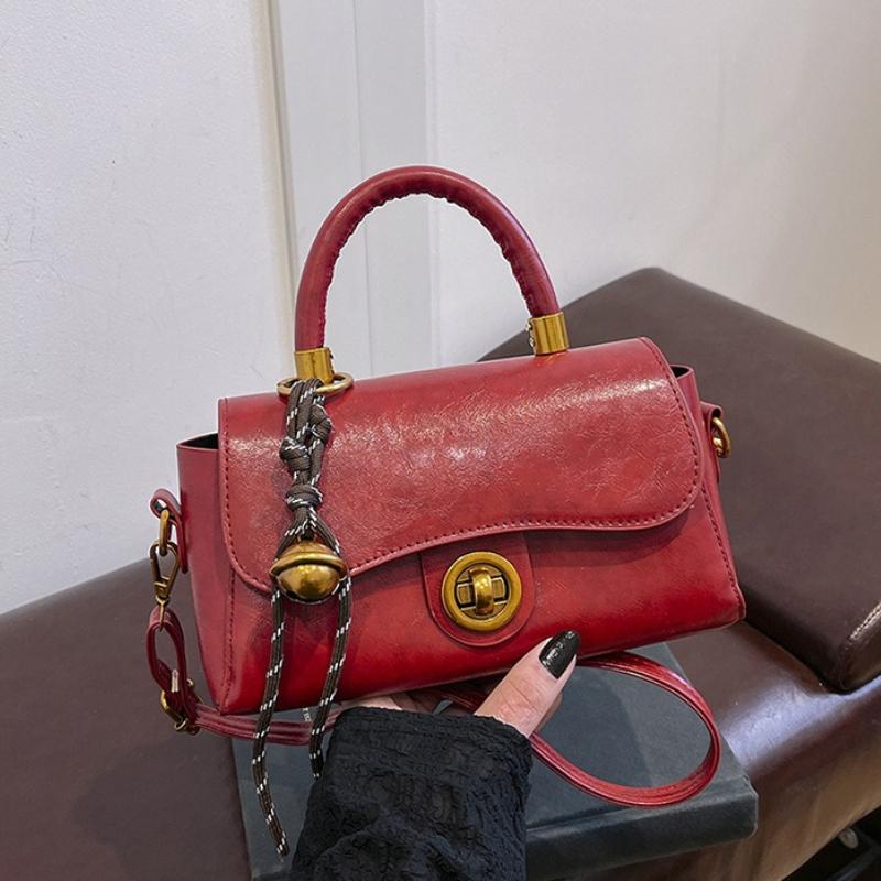 Retro Top Handle Bag with Flap Closure Bell Charm Detachable Strap Fashion Faux Leather Crossbody Purse for Women Shoulder Purse