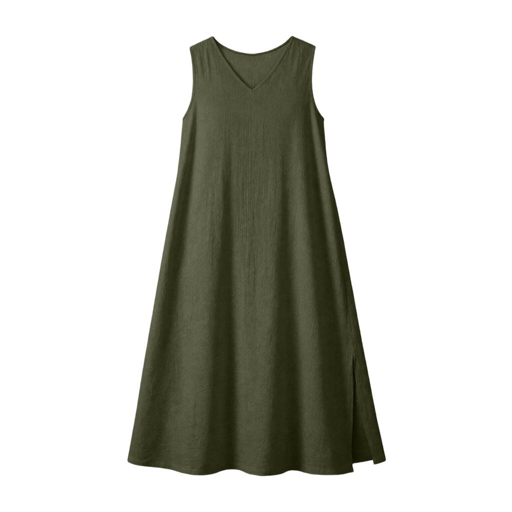 Ärmelloses V-Ausschnitt Maxikleid Lockerer Schnitt Langes Kleid Leichte Leinenoptik Sommer Freizeitkleid mit Seitenschlitz für Damen
