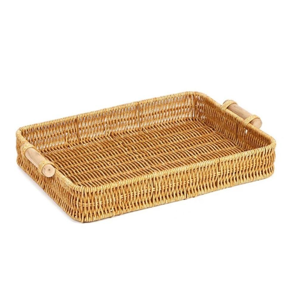 New Handwoven Rattan Basket With Handle Round Shape Storage Tray Breakfast Bread Food Plastic Rattan Threads Basket