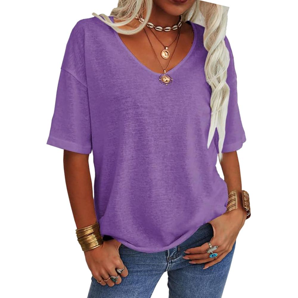 Camiseta feminina gola V casual verão manga curta top solto cor sólida camiseta