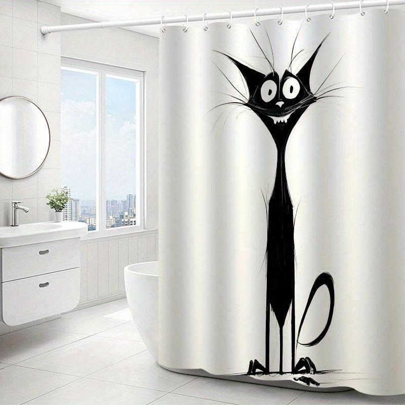 Whimsical Black Cat Shower Curtain, Playful Cartoon Design, Machine Washable Polyester,  Ideal for Bathroom Decor