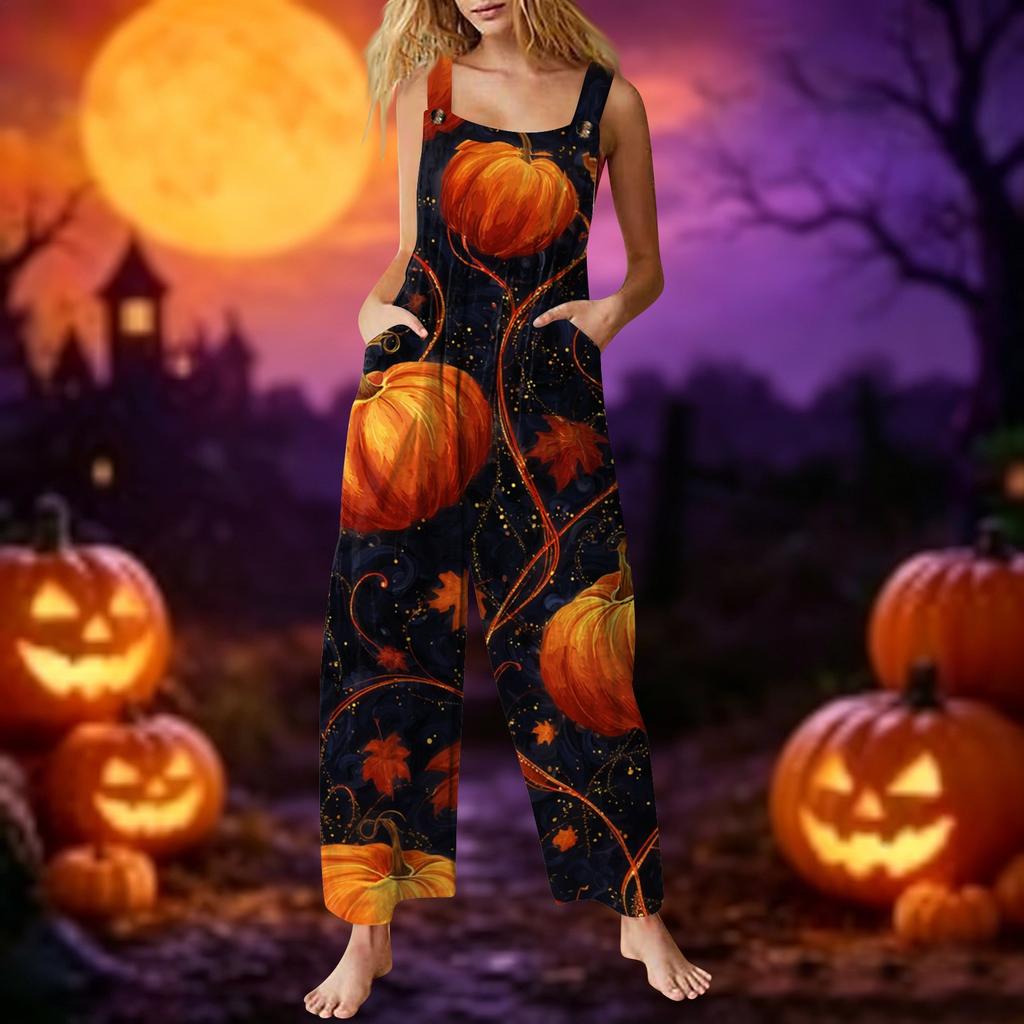 Women's Sleeveless Jumpsuit Cotton Halloween Ghost Print Casual Loose Fit Overall Pants with Pockets Adjustable Straps