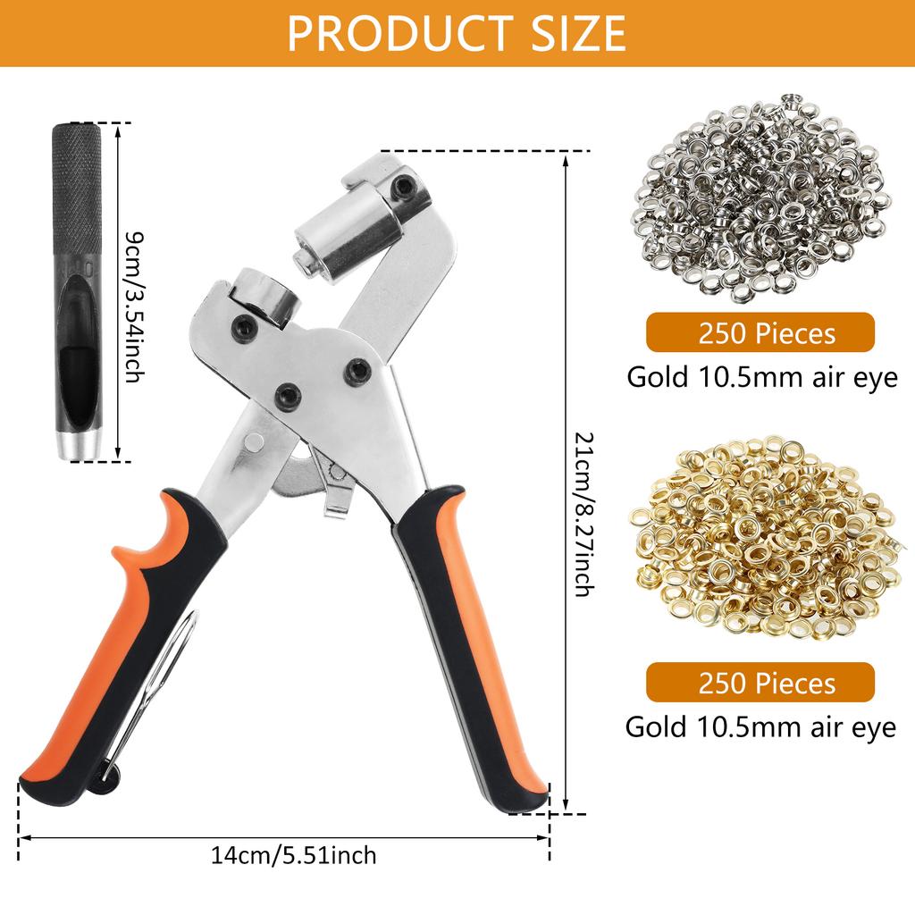 New Grommet Tool Kit Handheld Hole Punch Pliers Portable Grommet Hand Press Machine Manual Puncher W/ 500pcs 10.5mm Eyelets