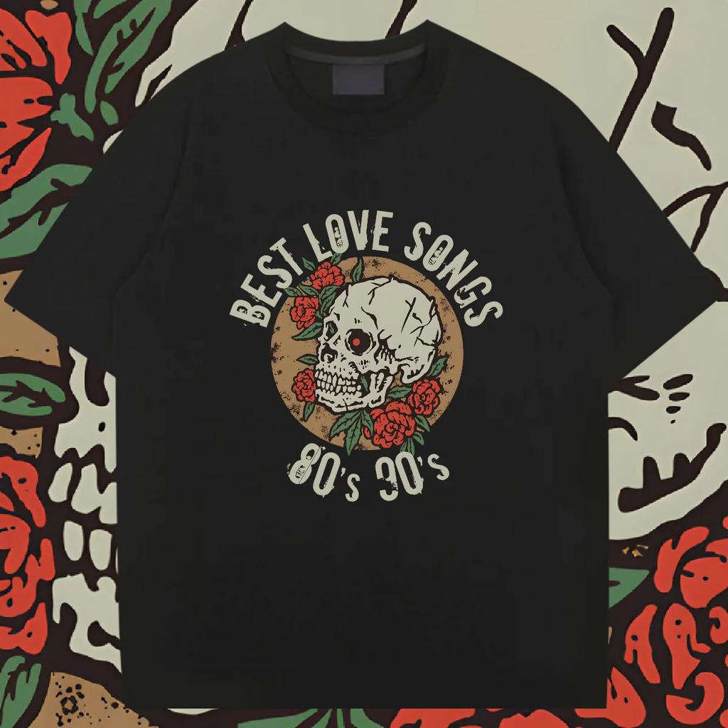 Skull O-Neck Tee Loose Oversize T Shirt American Retro Rapper Tops Classic Creative Cotton Clothes Fashion Men Tshirt DIY