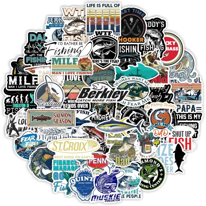 10 30 50 100Pcs Fishing Stickers Waterproof Skateboard Motorcycle Guitar Luggage Laptop Bicycle Sticker