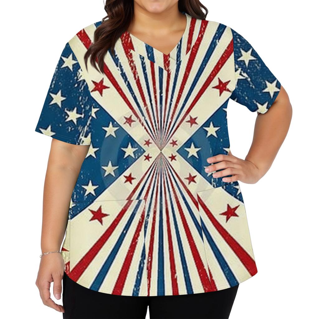 Women's Fashionable Casual Independence Day American Flag And Stars Print V-neck Short-Sleeved Work Shirt With Double Side Slits And Pockets