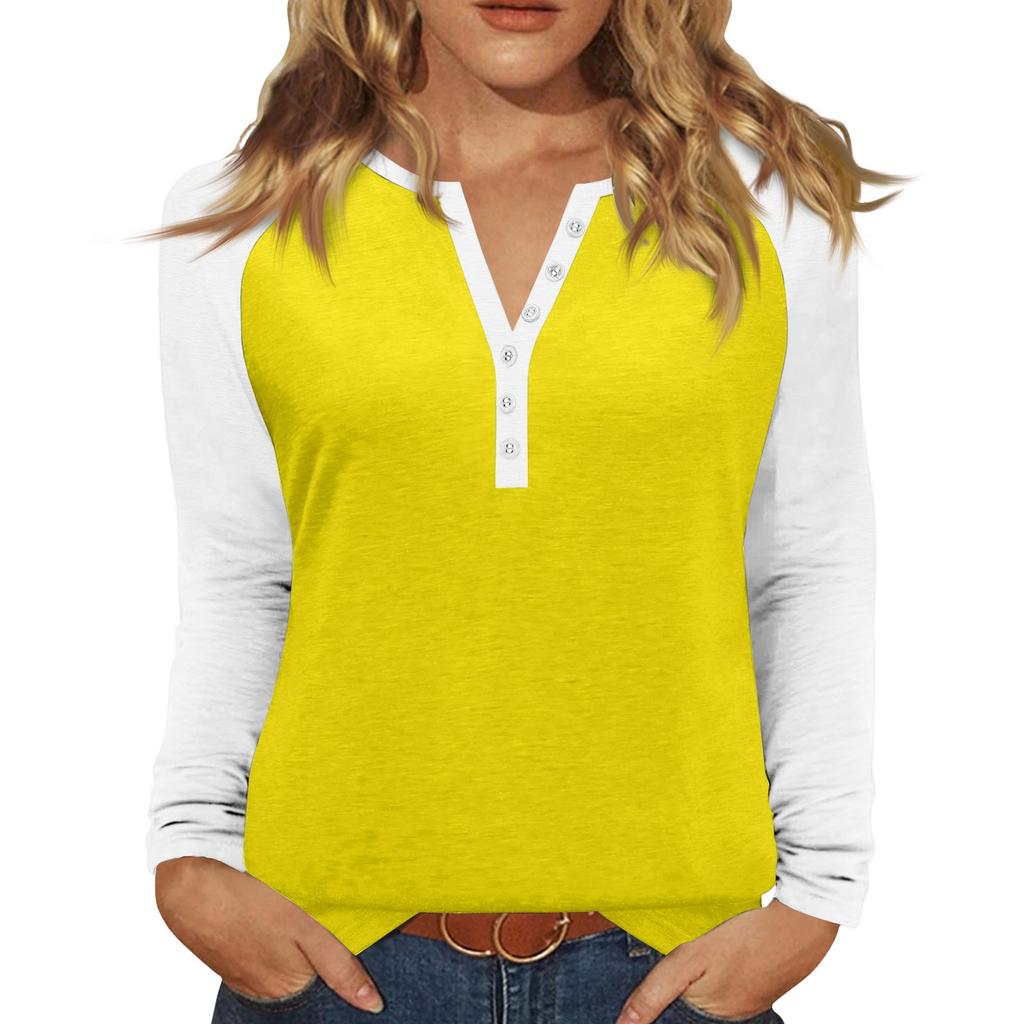 Women's T Shirt Color Block Button Long Sleeve Daily Weekend Fashion Basic V- Neck Regular Top