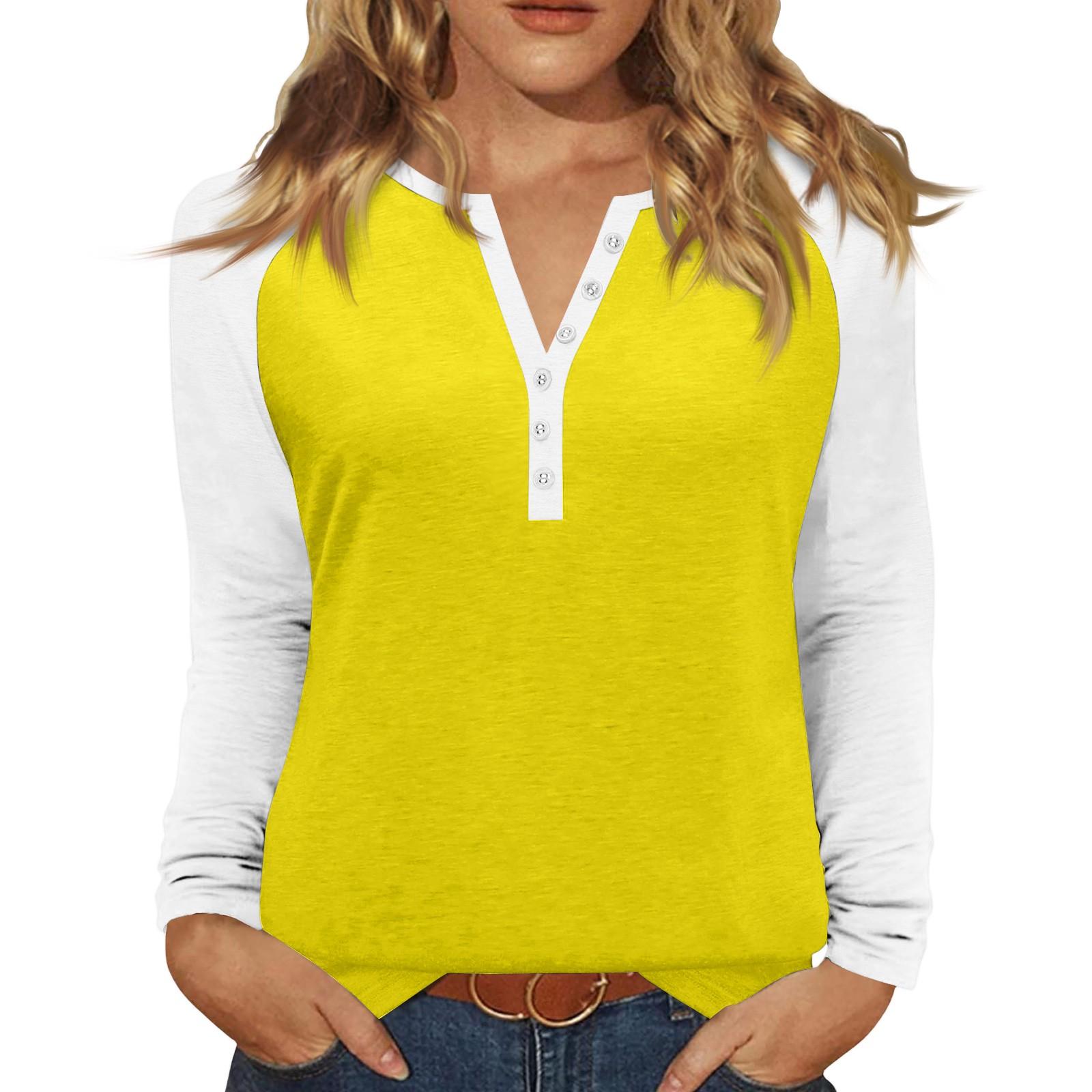 

Жіноча футболка Колір Блок Кнопка Довгий Рукав Повсякденний Вікенд Мода Базова V-подібний Виріз Звичайний Топ XL жовтий