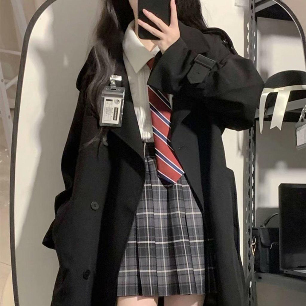 Petite Women's Black Trench Coat - 2023 Autumn/Winter Korean High Street, British Mid-Length Style