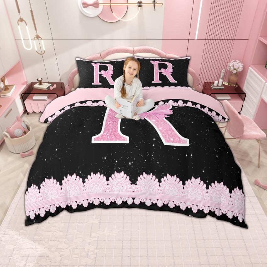 Homewish Personalized Initial M To Z Duvet Cover Set For Girl Black Pink Bedding Set Monogrammed Theme Bedroom Set Room Decor