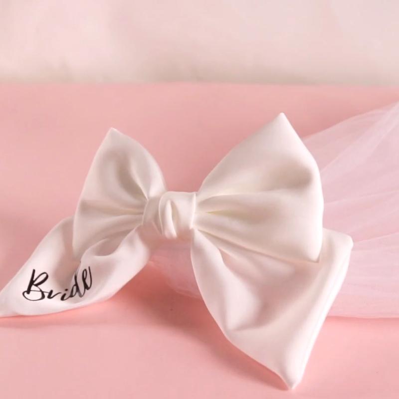 White Bride Pearl Hair Bow Veil Bridal Shower beach Photo Prop Bachelorette Hen party weekend girls trip Wedding decoration Gift