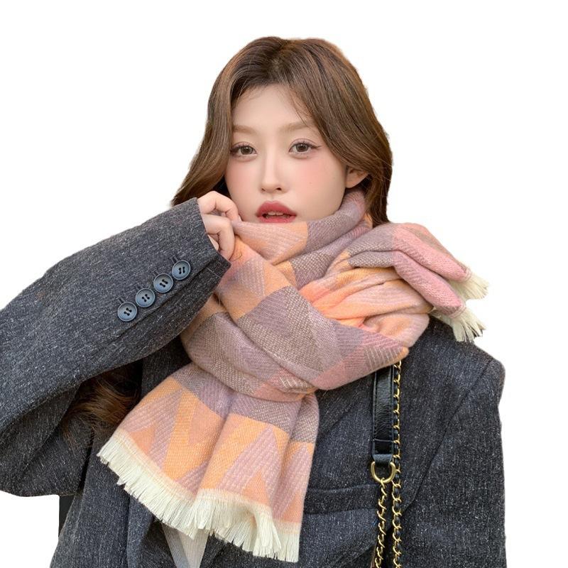 New Autumn and Winter Imitation Cashmere Colorful Wavy Plaid Scarf for Women Korean Version Sweet Warm Windproof Thick Scarf