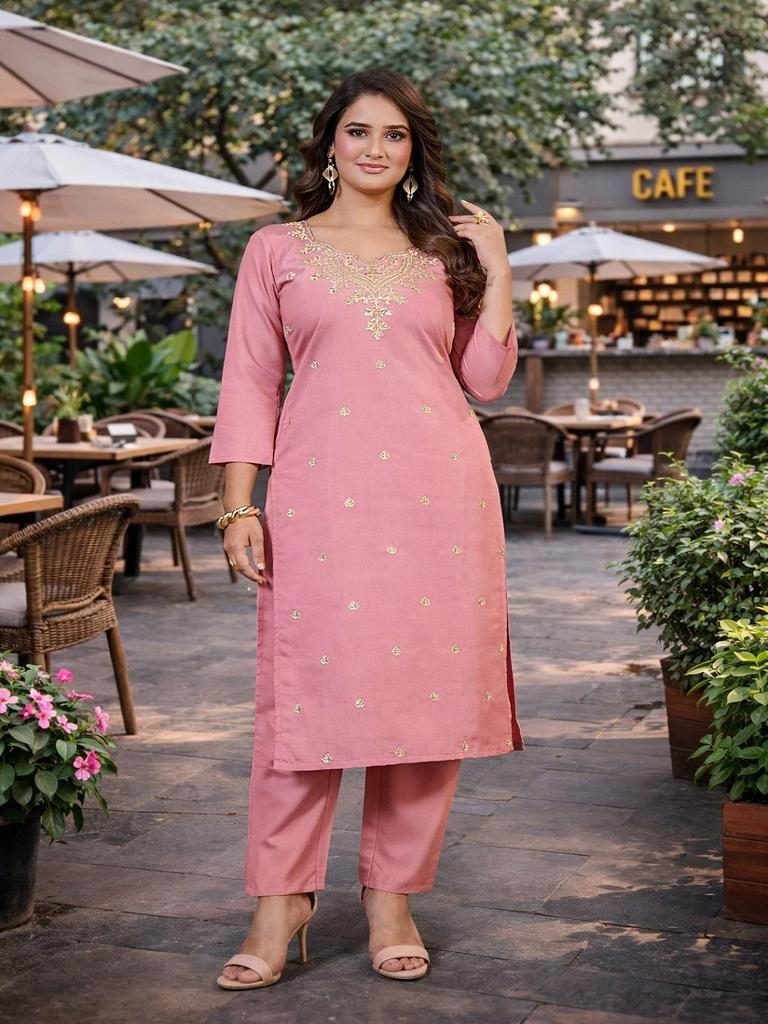 Women Pink Roman Silk Kurta Pant Set | Embroidered 2 Piece Indian Outfit