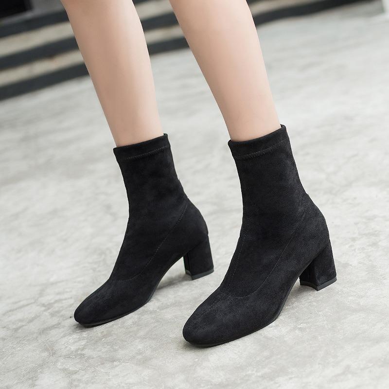 Autumn and winter new suede leather boots square head thick heel casual short boots thick heel medium heel elastic cloth boots