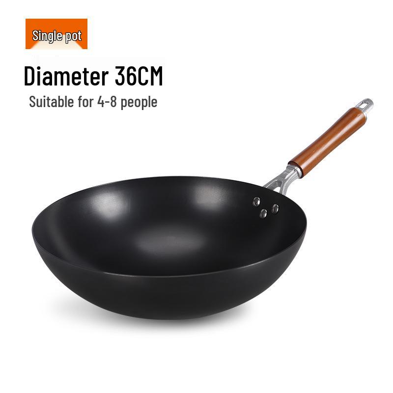 Old-Fashioned Non-Coated Cast Iron Wok, Round Bottom, Non-Slip, Non-Stick, Gas Stove Compatible, Nitrided Fine Iron.