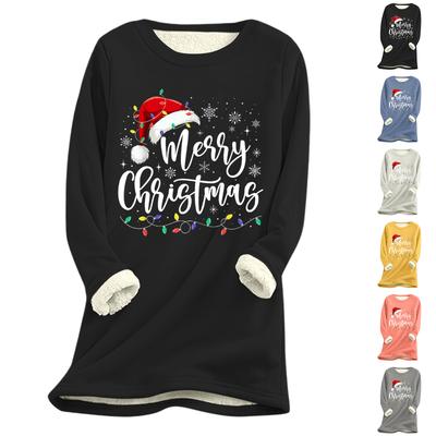 Damen Weihnachts-Print Dick Plüsch Lammwolle Warm Langes Oberteil